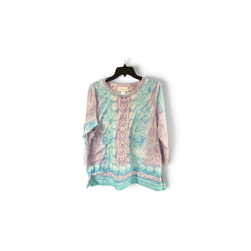Alfred Dunner Womens Medium Purple Teal Seashell Studded Neck Long Sleeve Top